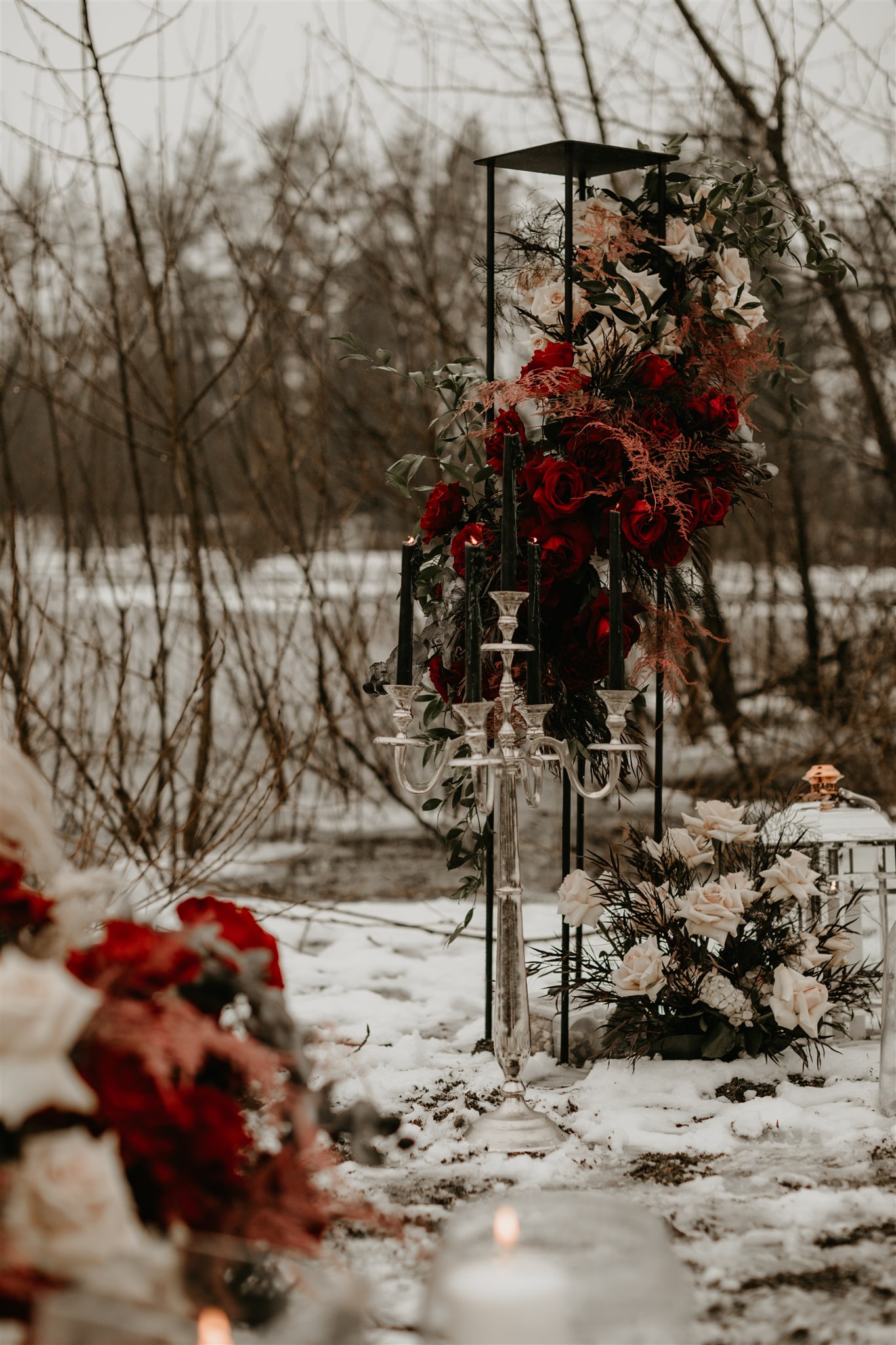 Winter wedding table decor with silver candelabra