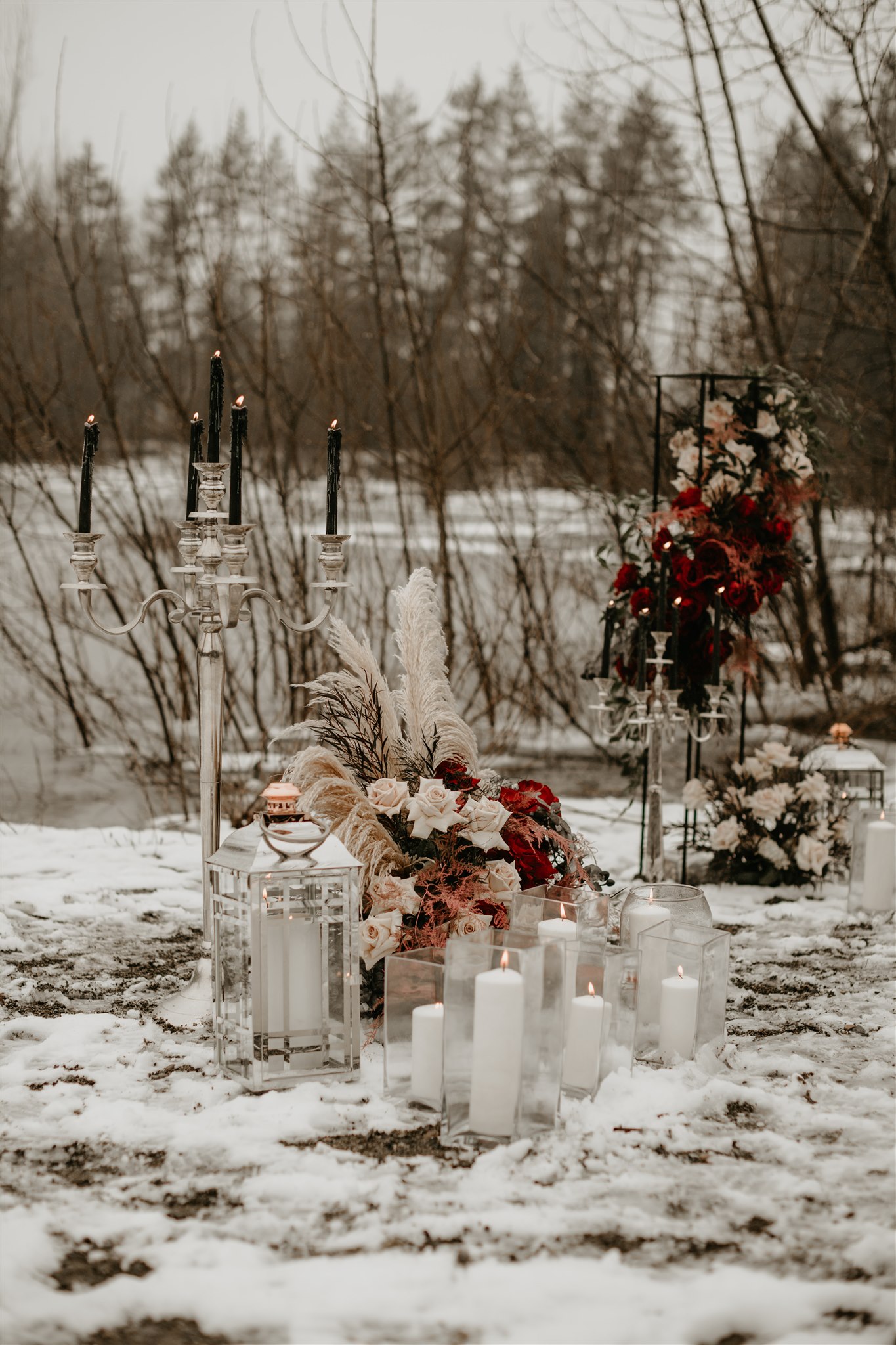 Winter wedding tablescape with silver candelabra