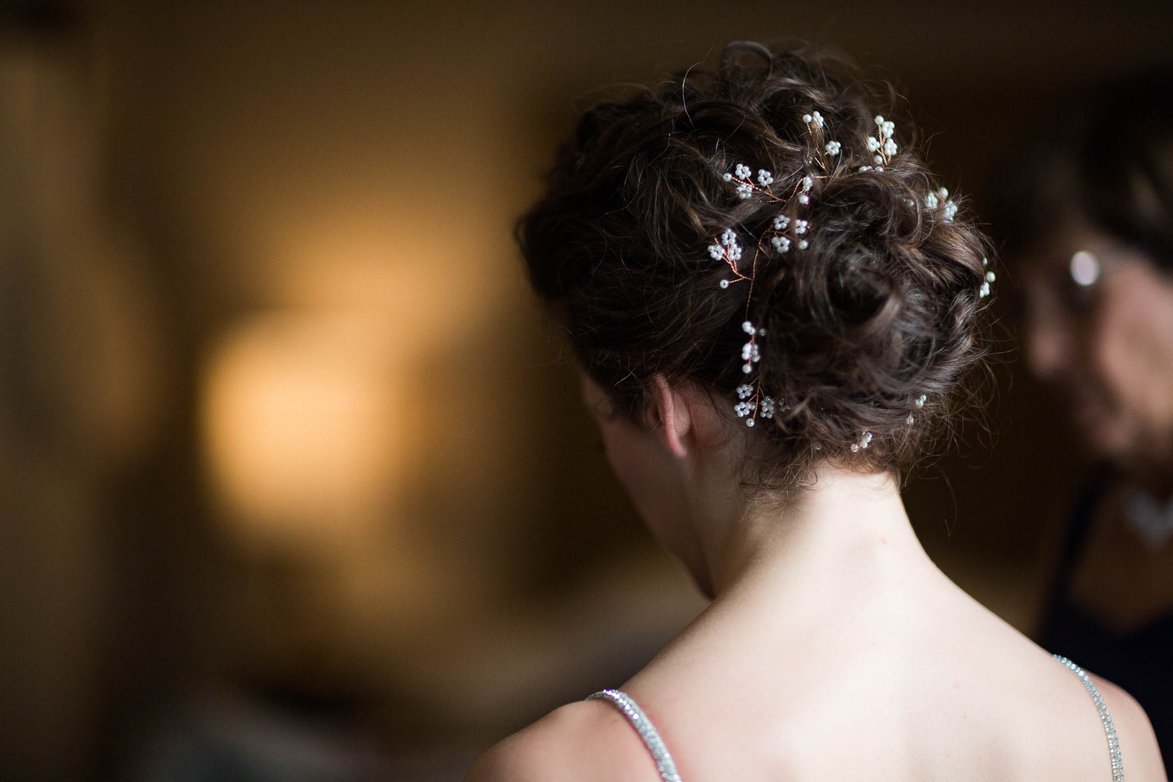 Bride wearing low wedding chignon with sparkling combs throughout