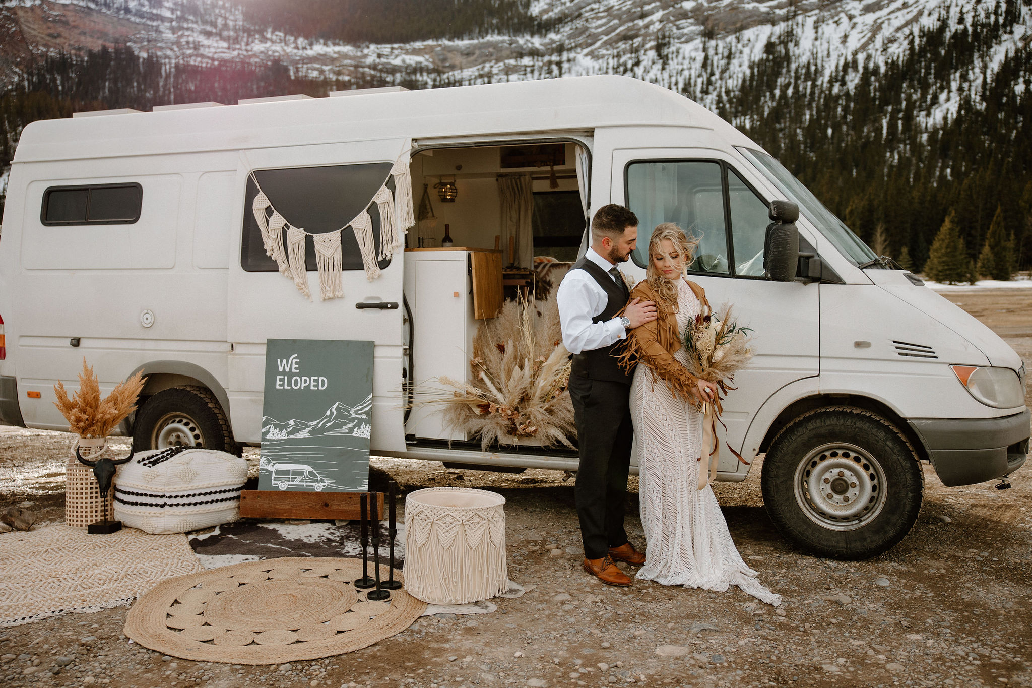 Camper Van Elopement Wedding Husband and Wife in Wedding Formal