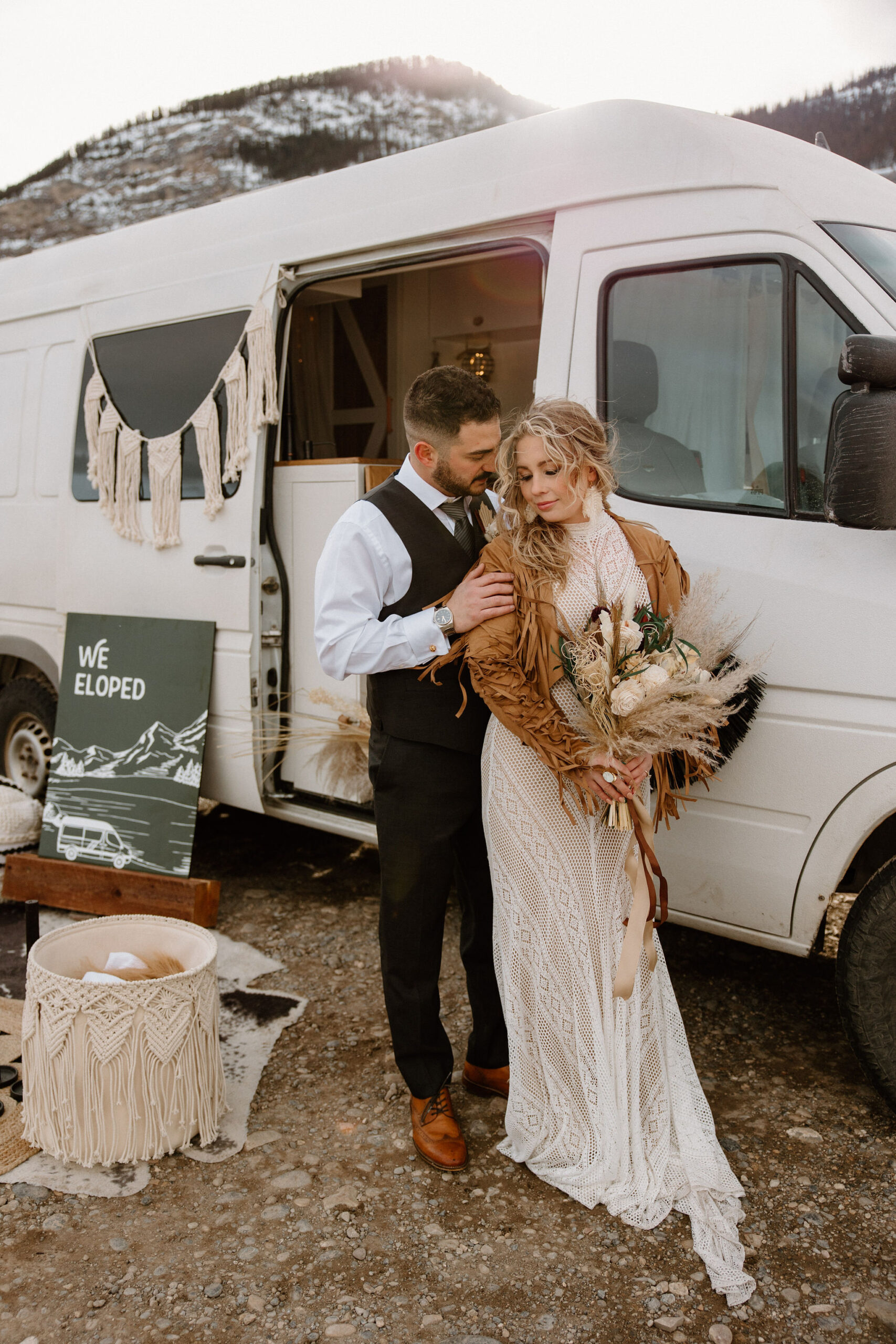 Camper Van Elopement Wedding Husband and Wife in Wedding Formal