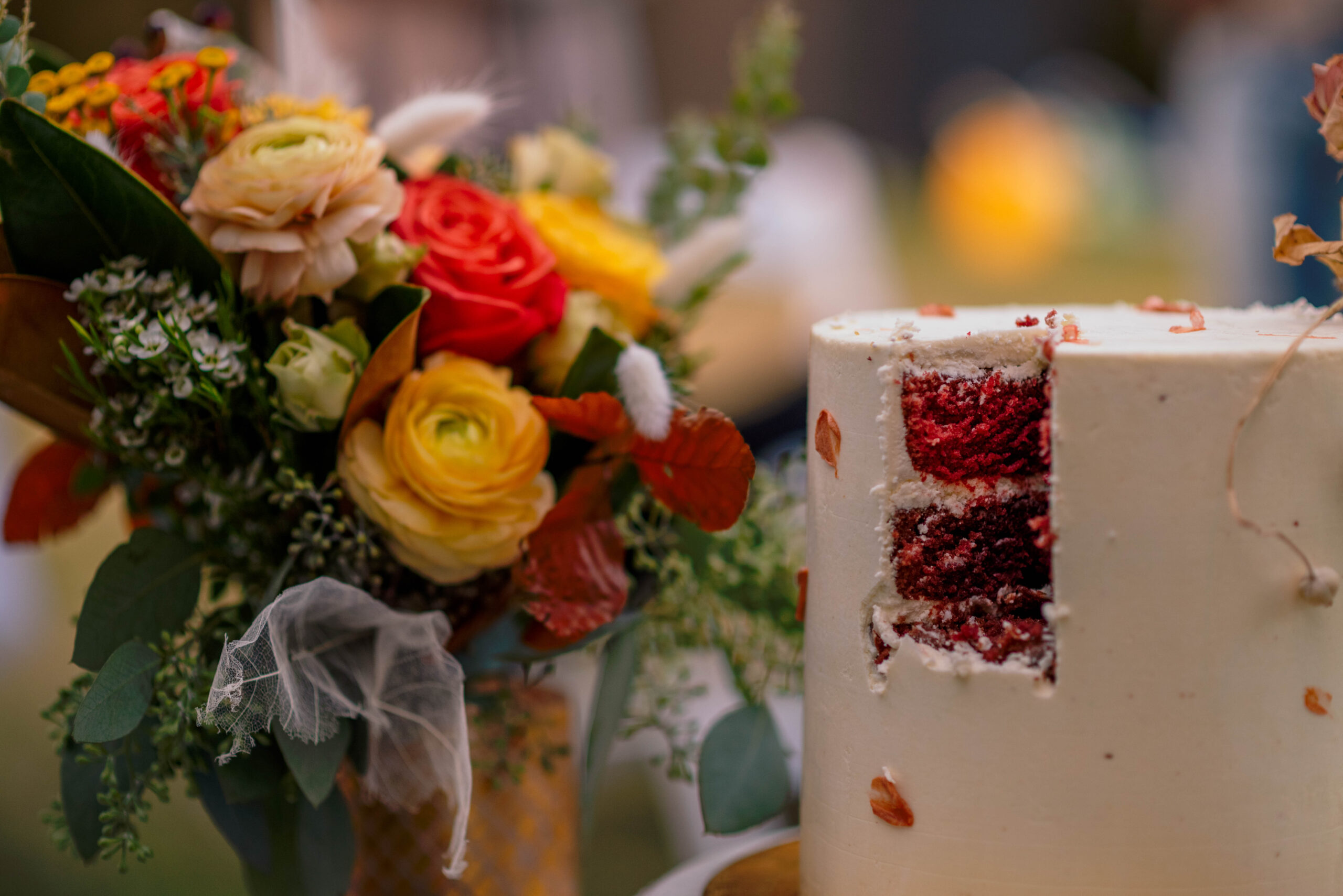 Close Up shot of a piece take out of the wedding cake